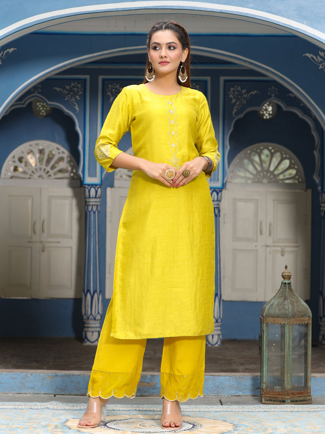 Straight Embroidered Kurta with Palazzos & Dupatta