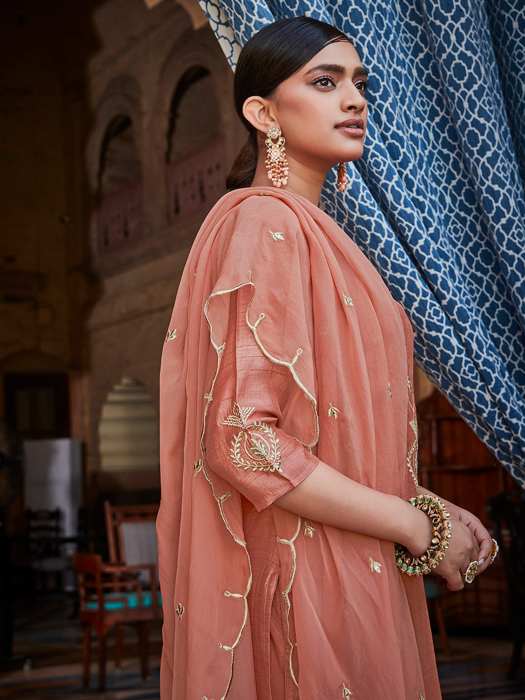 Mauva Straight Solid Embroidered Silk Kurta With Palazzo And Organza Dupatta
