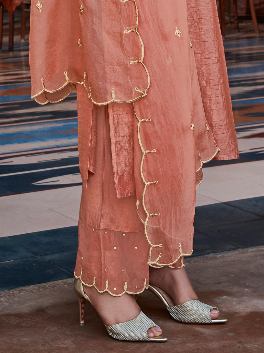 Mauva Straight Solid Embroidered Silk Kurta With Palazzo And Organza Dupatta