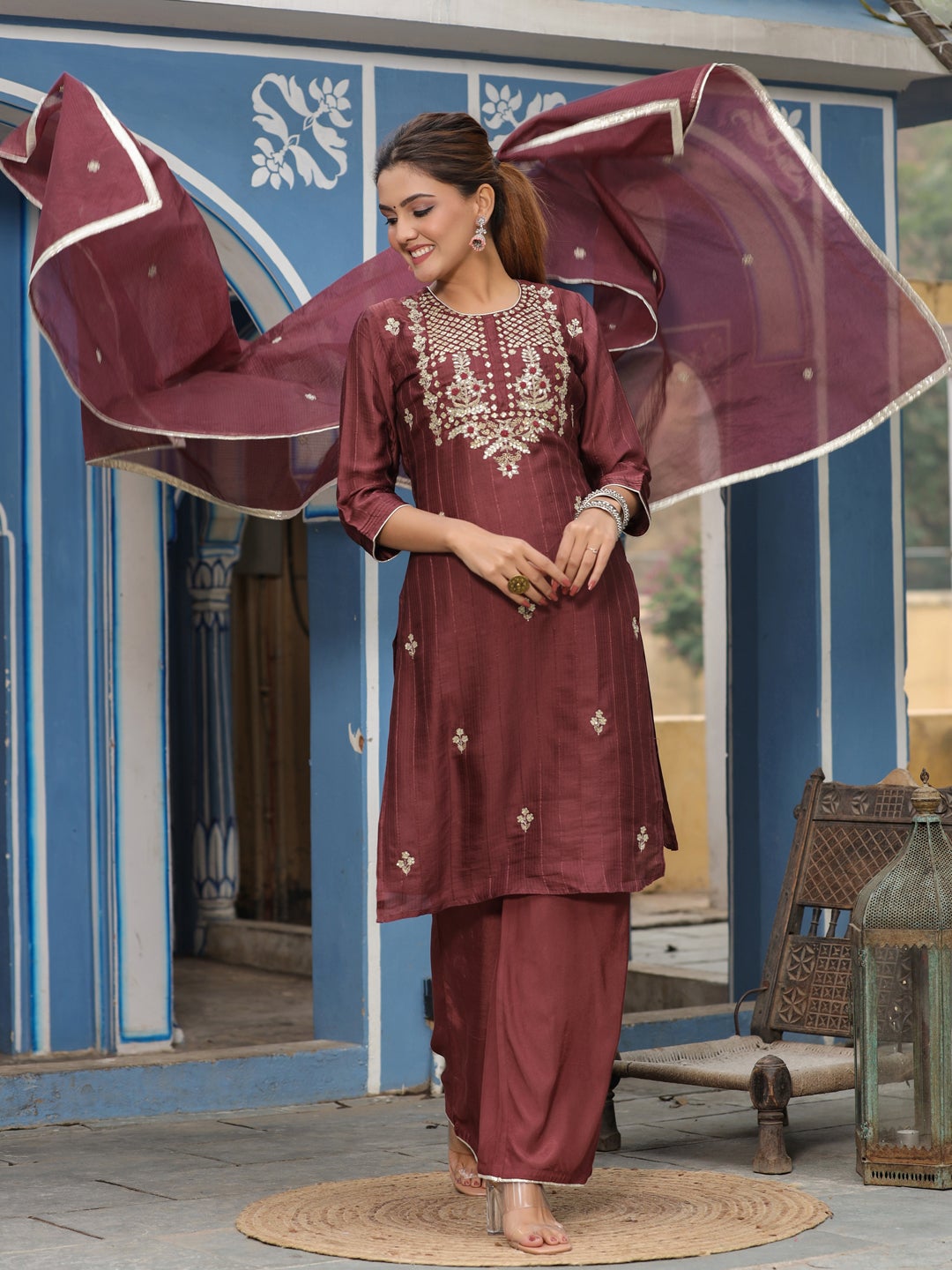 Mauve Embroidered Straight Kurta with Palazzo & Dupatta