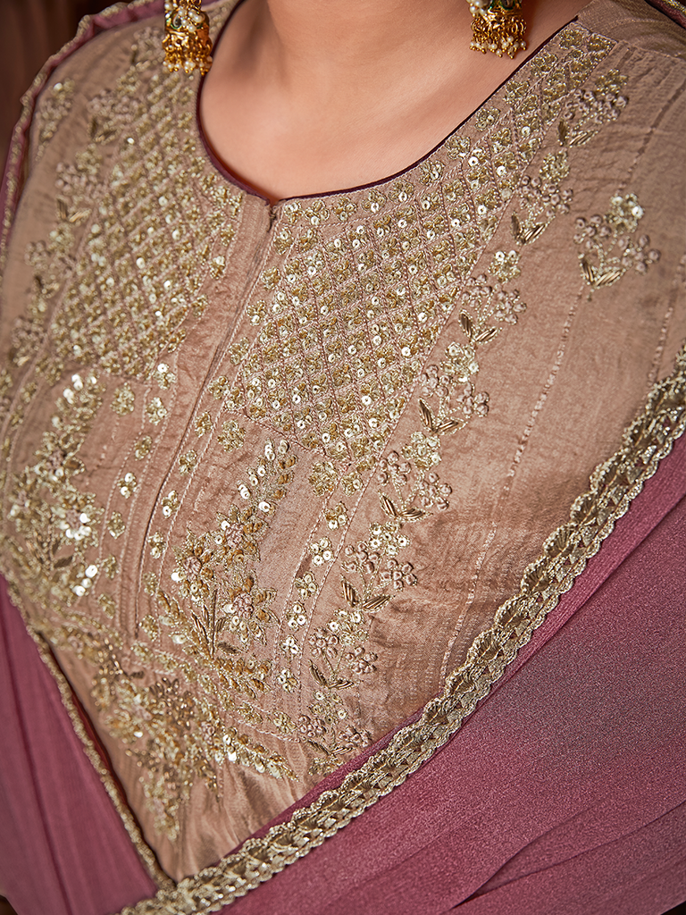 Beige Straight Zardozi Embroided Kurta With Palazzo And Chinon Embroidered Dupatta