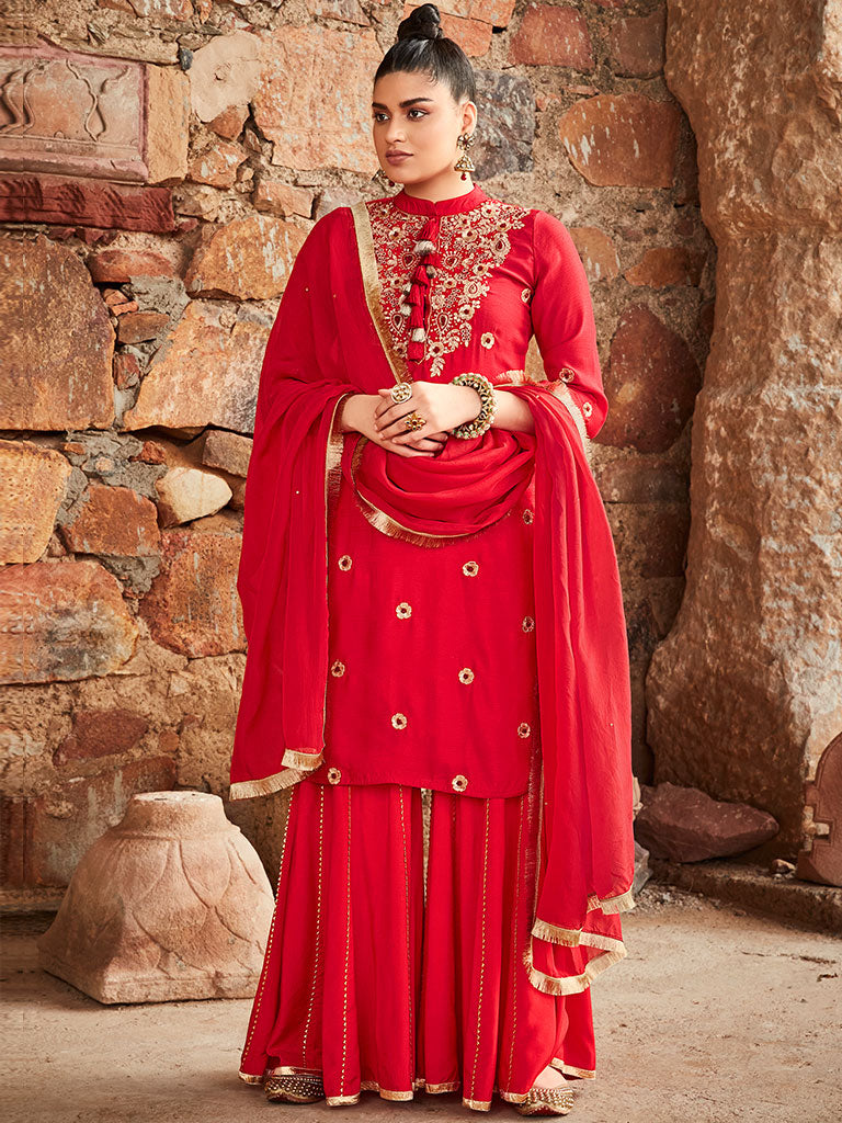 Red Drape Sari Kurta with Pant main image 0