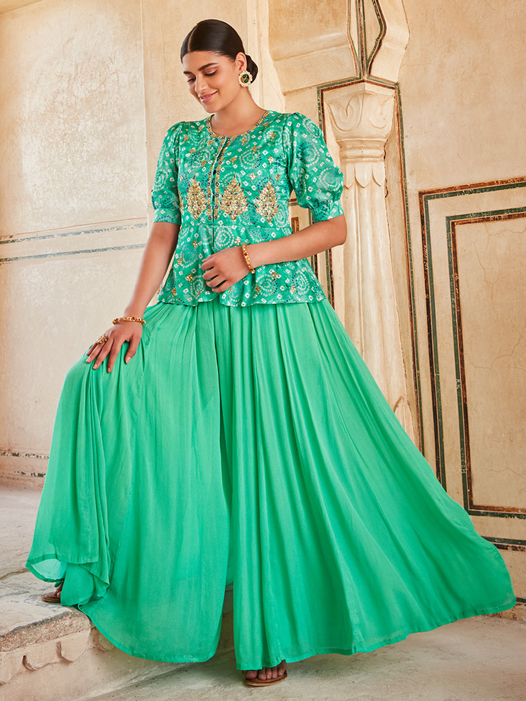 Embellished Green Muslin Bhandej Peplum Top With Chinon Flared Divider