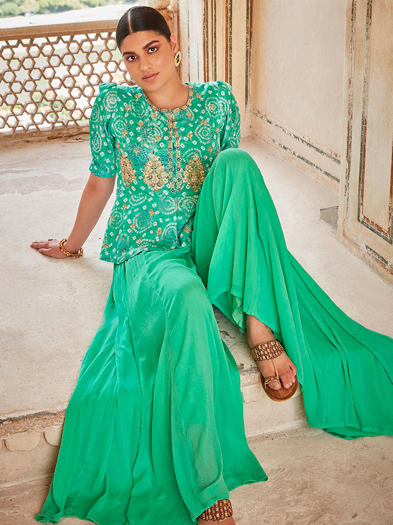 Embellished Green Muslin Bhandej Peplum Top With Chinon Flared Divider