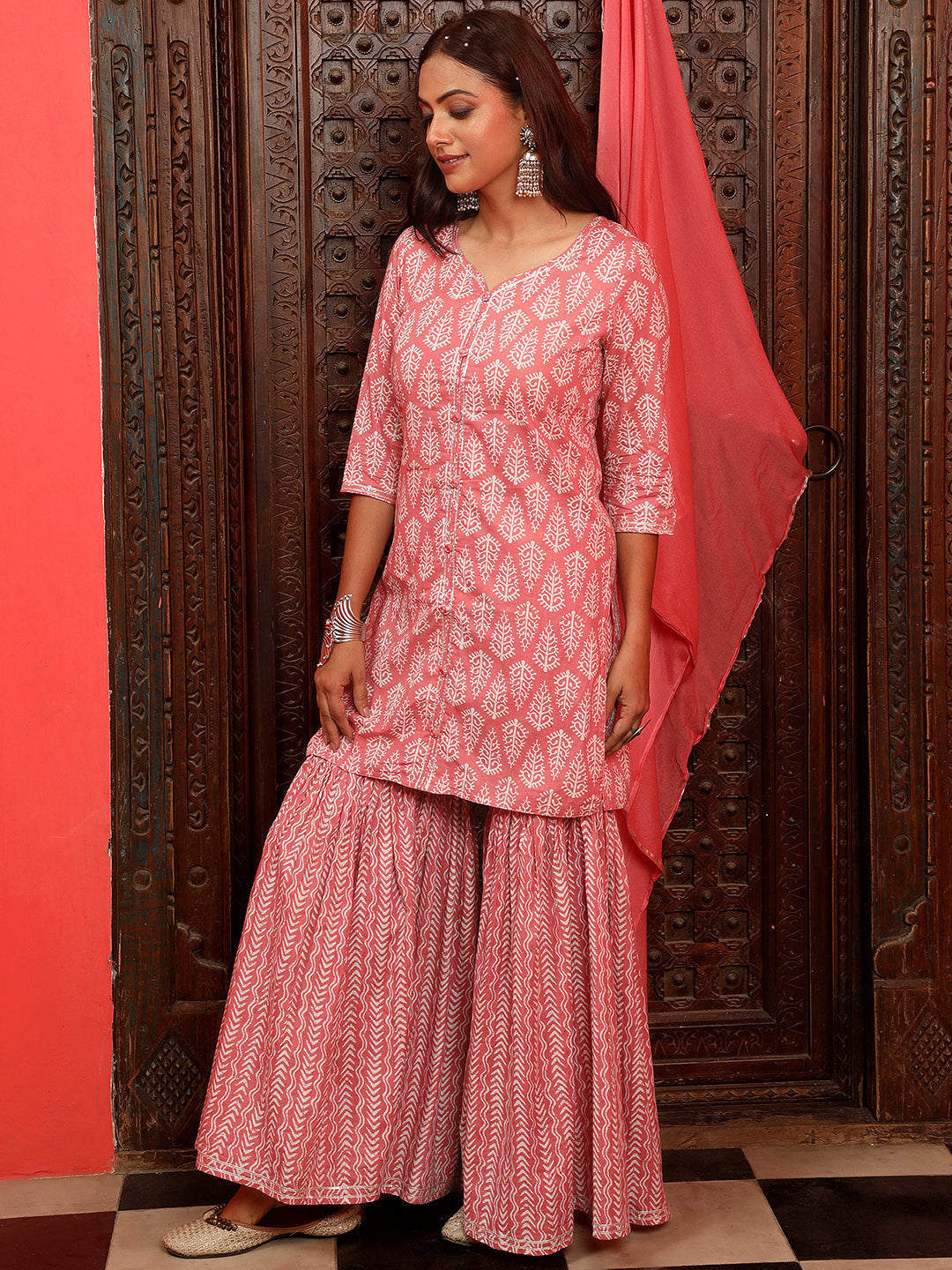 Pink Ethnic Printed Straight Kurta With Sharara And Chiffon Dupatta