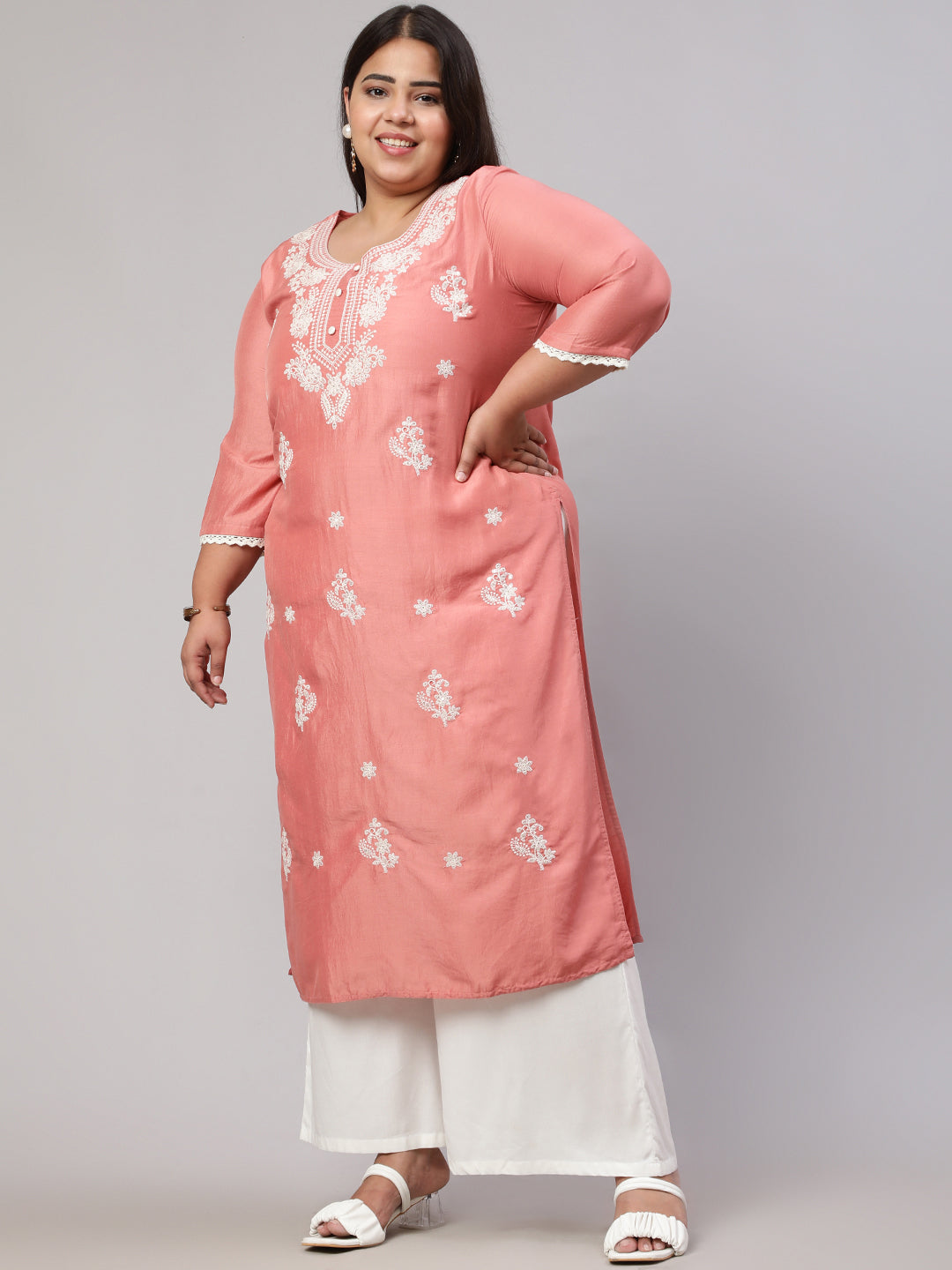 Plus Size Peach Chikankari Straight Kurta