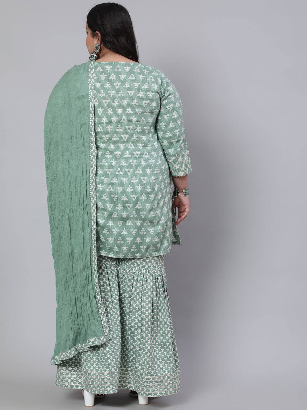 Green Plus Size Woven Straight Printed Embroidered Kurta Set With Solid Dupatta