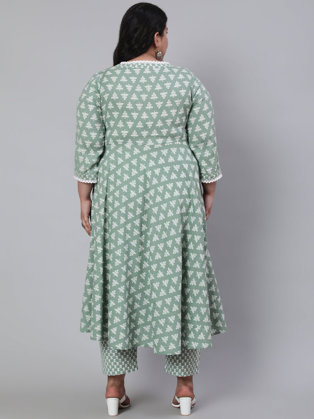 Green Plus Size Woven Ethnic Print Embroidered Flared Laced Kurta With Printed Palazzo