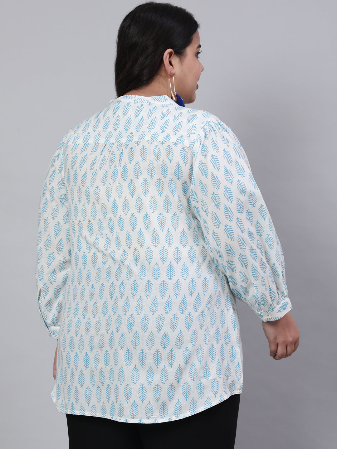 White And Turquoise Blue Plus Size Printed Pleated Top