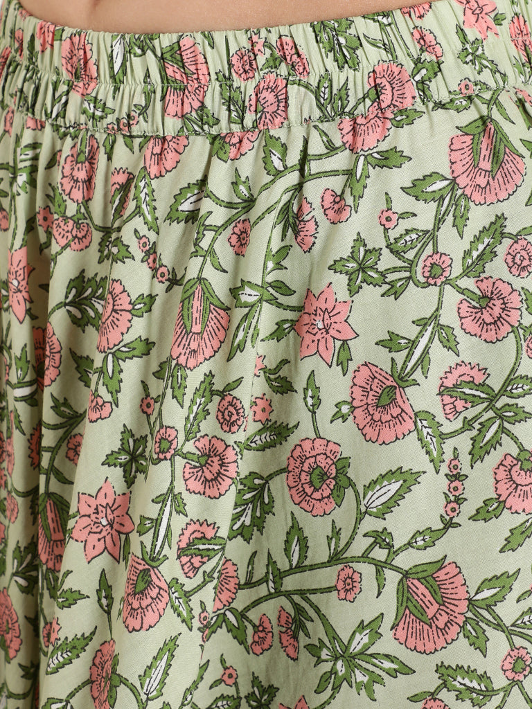 Green Floral Print Short Kurta With Skirt And Dupatta