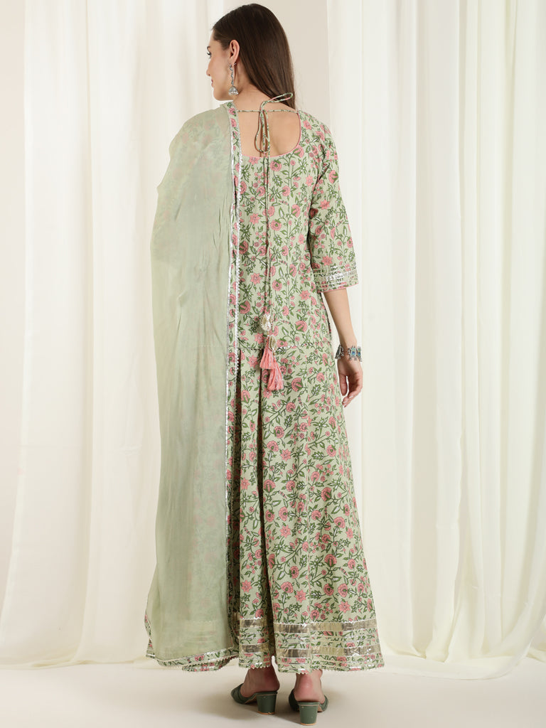 Green Floral Print Short Kurta With Skirt And Dupatta