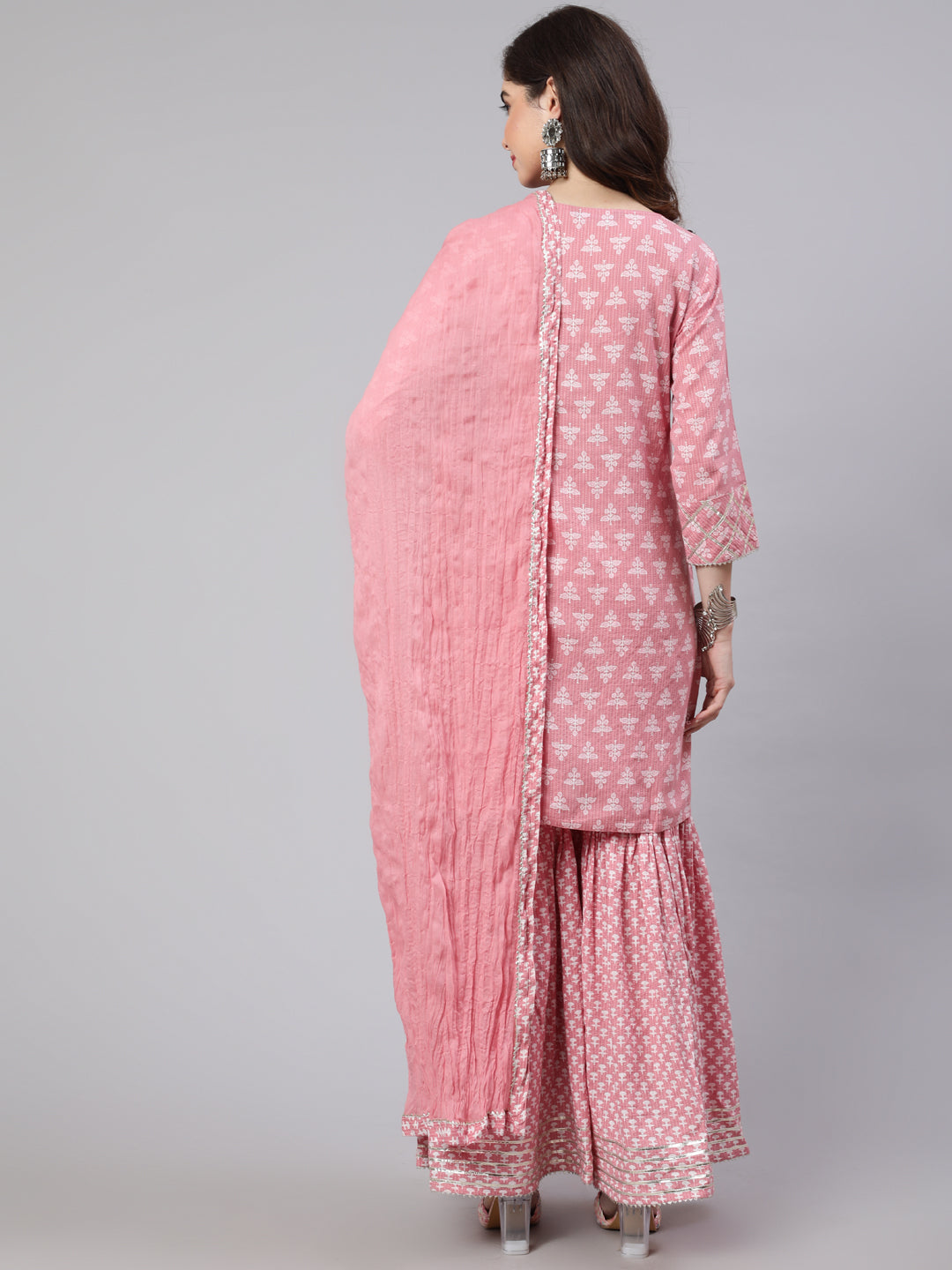 Pink Woven Straight ethnic printed Embroidered kurta with Printed Palazzo & Solid Dupatta with print and lace taping