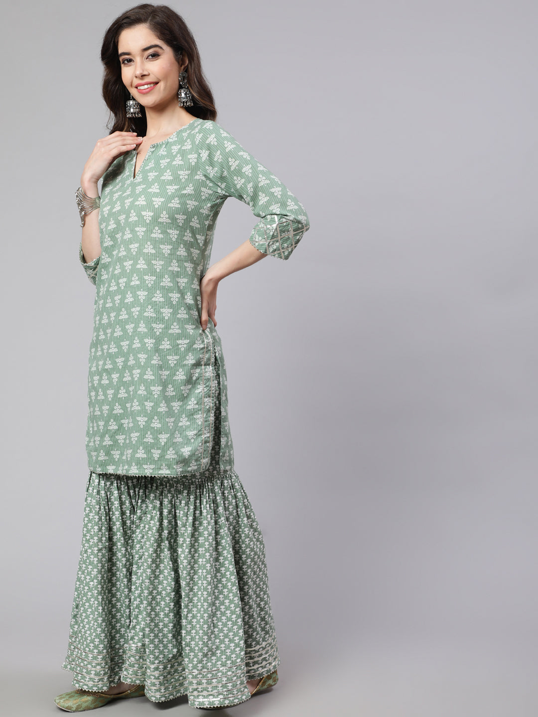 Women Green Woven Straight Ethnic Printed Embroidered Kurta With Printed Palazzo & Solid Dupatta With Print And Lace Taping