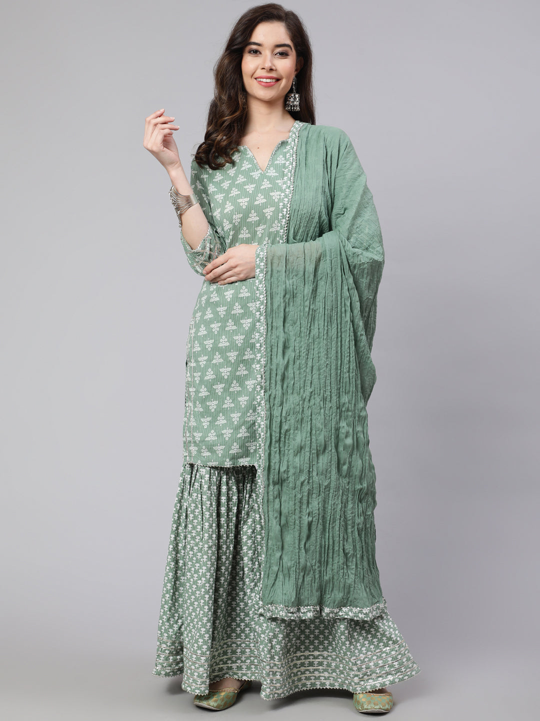 Women Green Woven Straight Ethnic Printed Embroidered Kurta With Printed Palazzo & Solid Dupatta With Print And Lace Taping