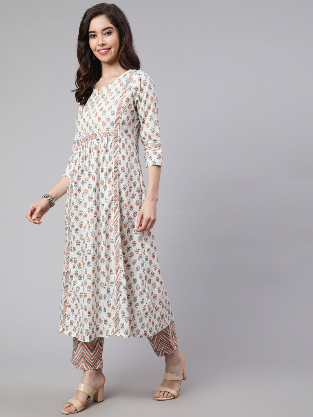 White And Peach Flared Cotton Embroidered Kurta With Printed Palazzo