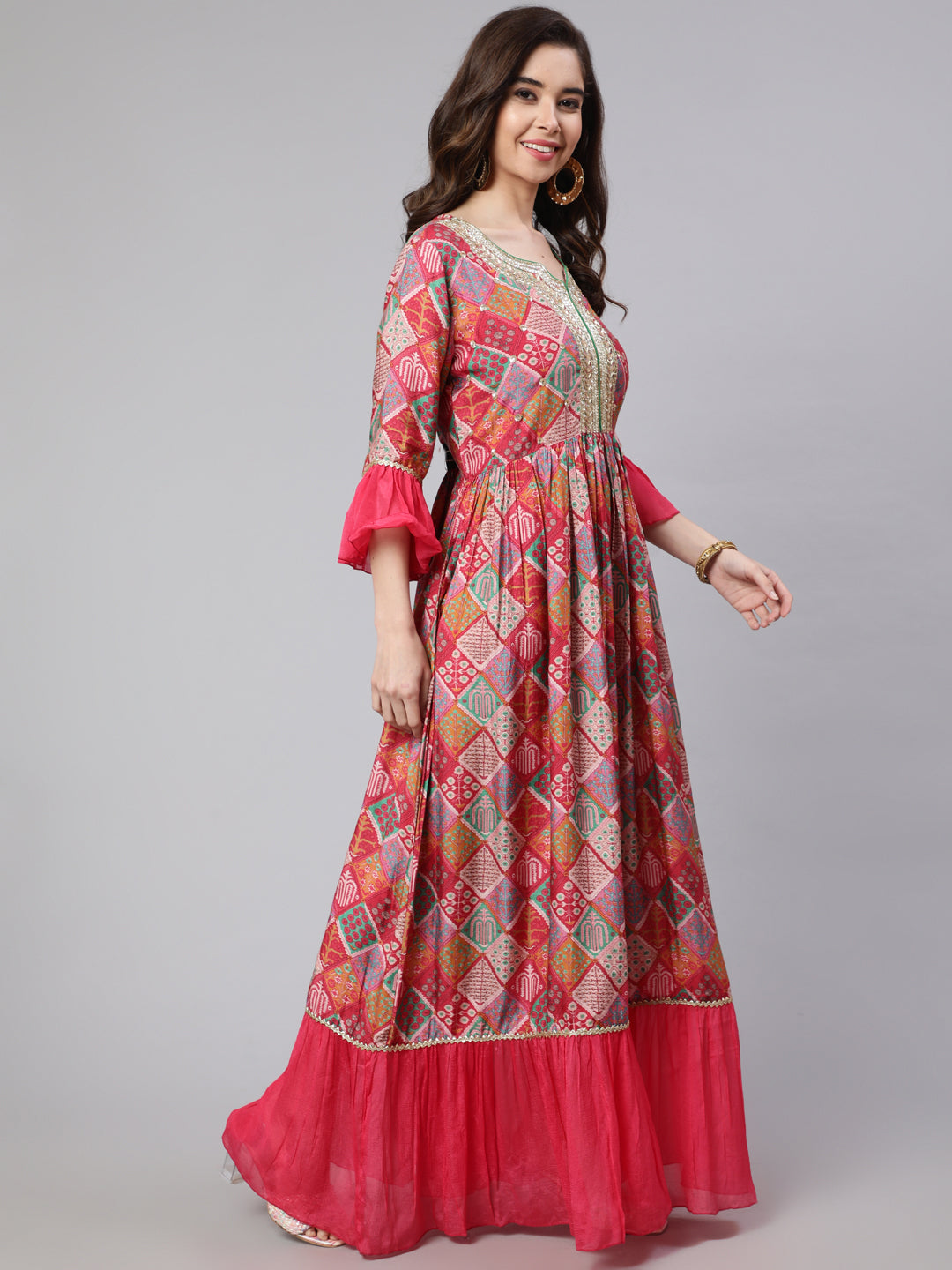 Women Pink Muslin Digital Printed Embroidered Flared Kurta With Solid Dupatta