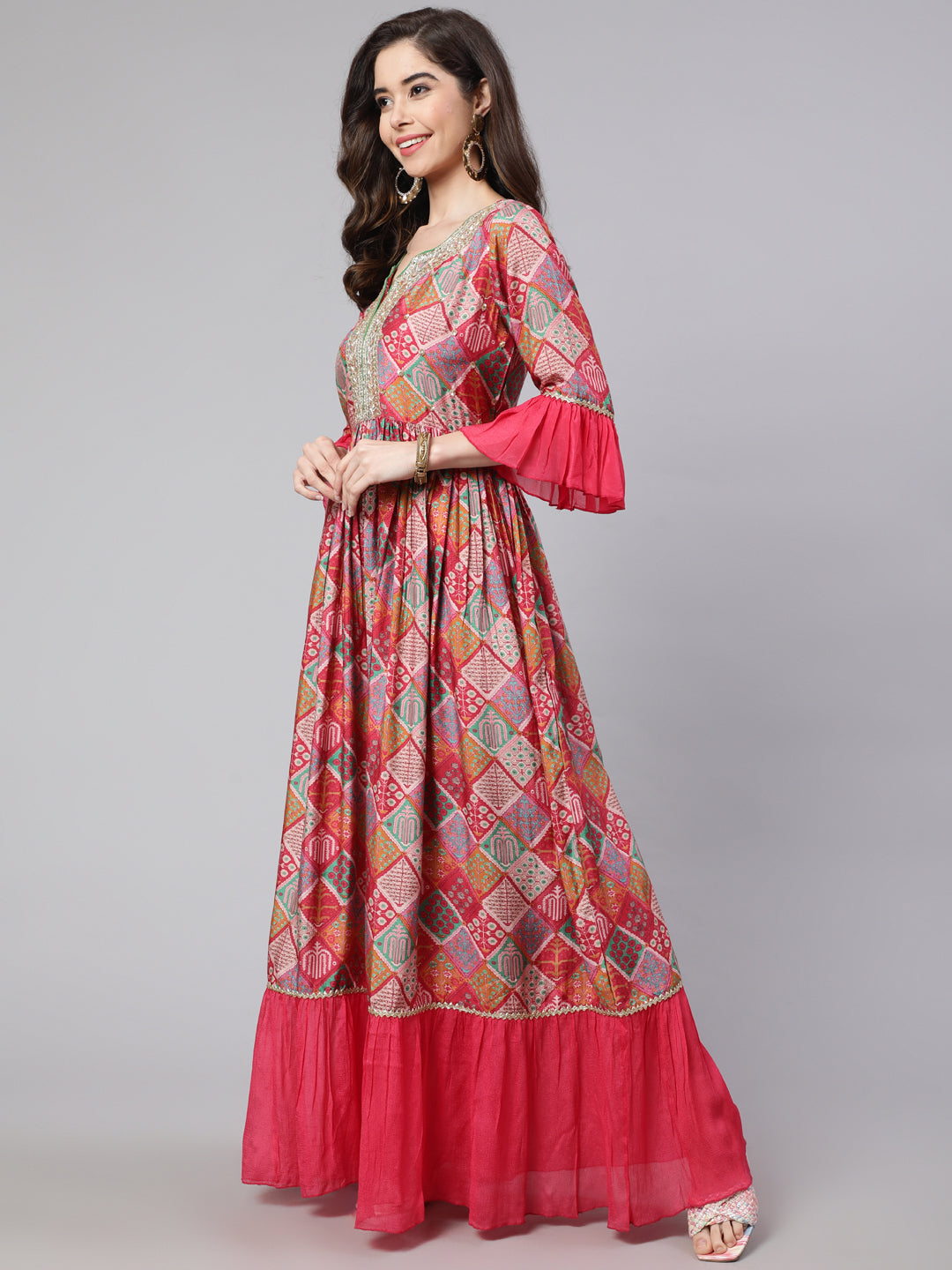 Women Pink Muslin Digital Printed Embroidered Flared Kurta With Solid Dupatta