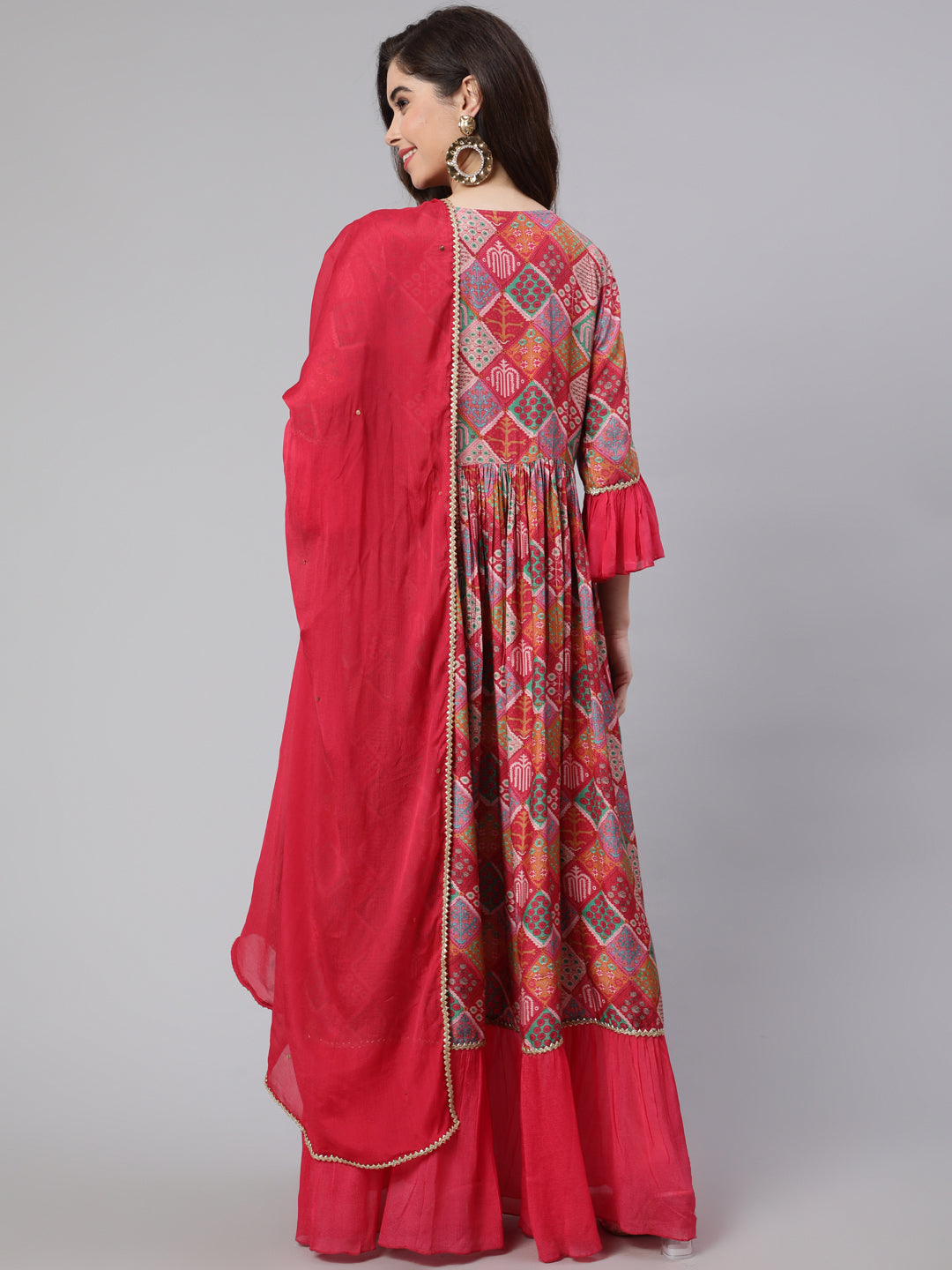 Women Pink Muslin Digital Printed Embroidered Flared Kurta With Solid Dupatta