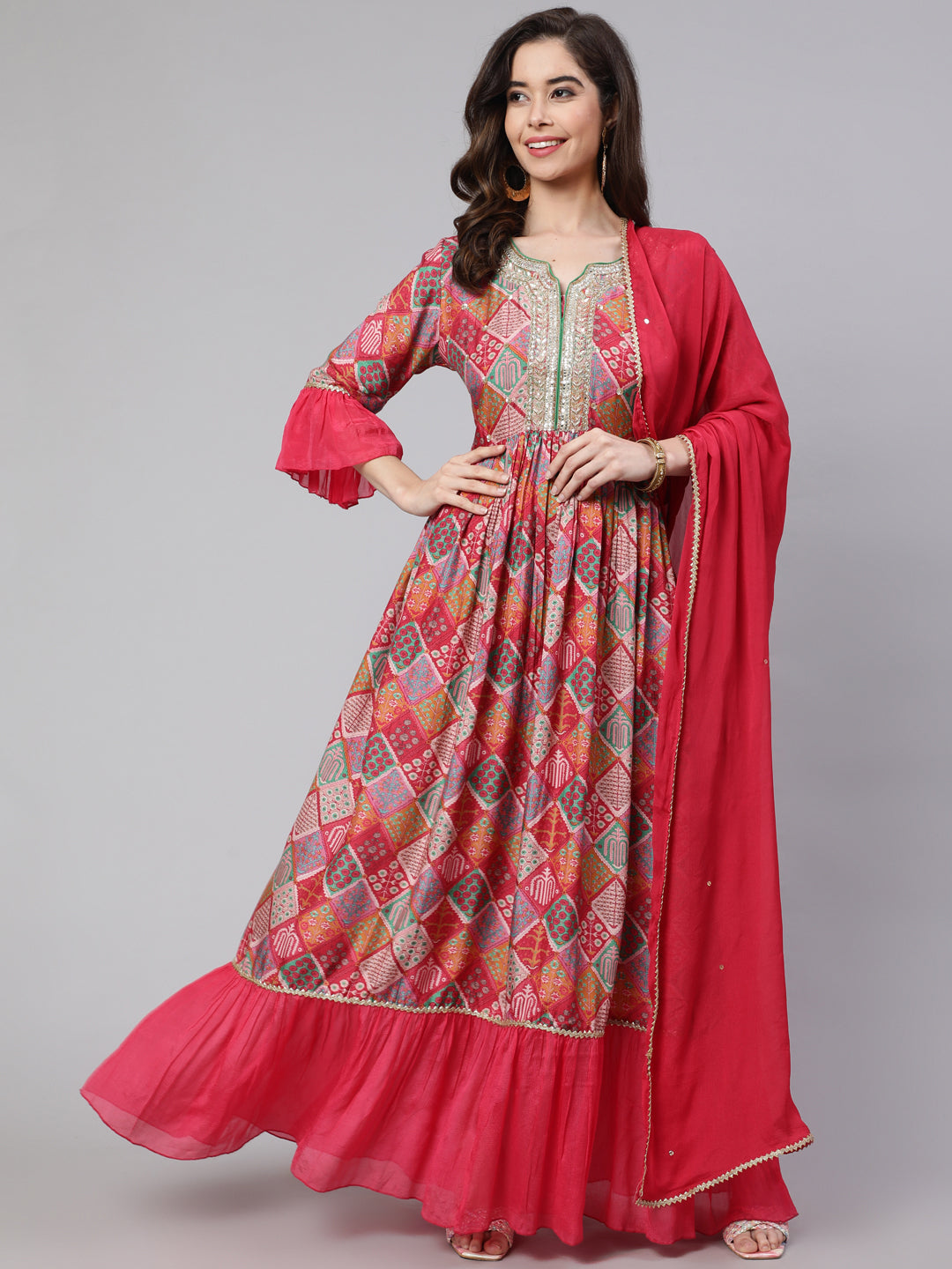 Women Pink Muslin Digital Printed Embroidered Flared Kurta With Solid Dupatta