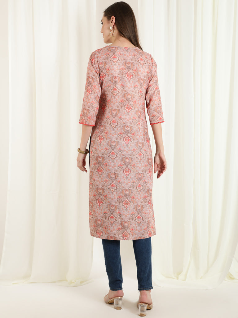 Ethnic Printed Peach Straight Kurta With Lace
