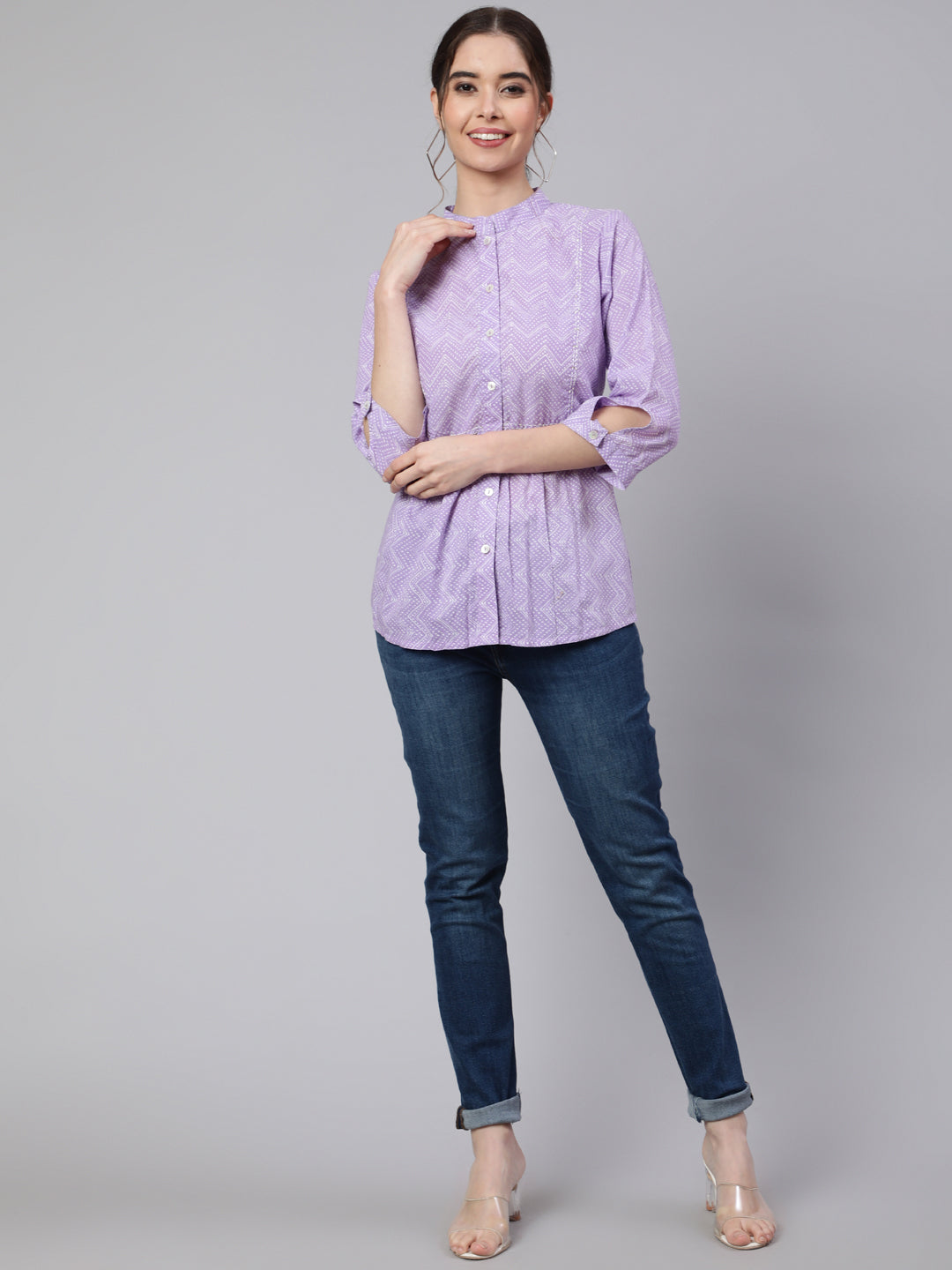 Lavender Zigzag Embroidered Printed Ethnic Shirt