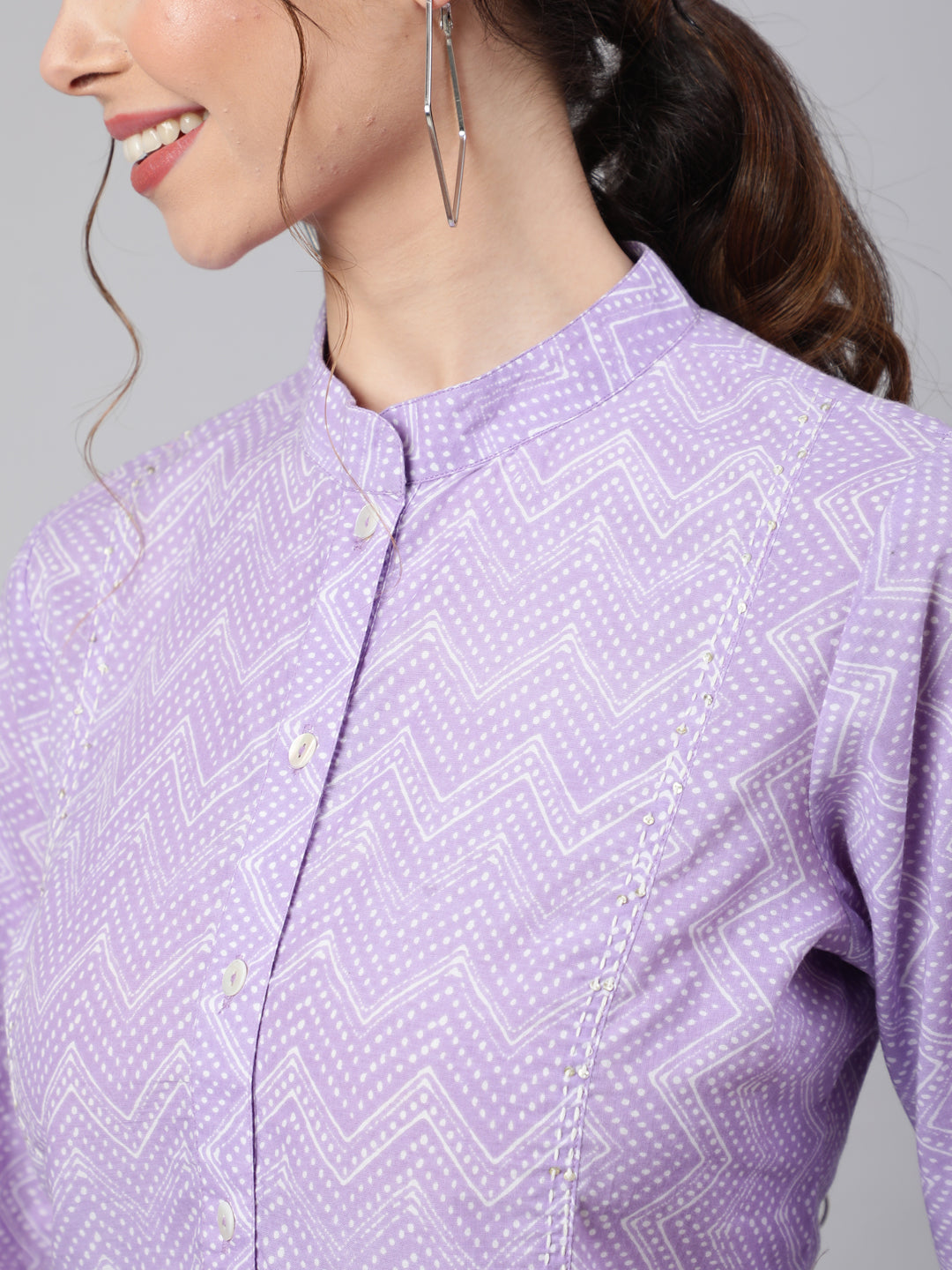 Lavender Zigzag Embroidered Printed Ethnic Shirt