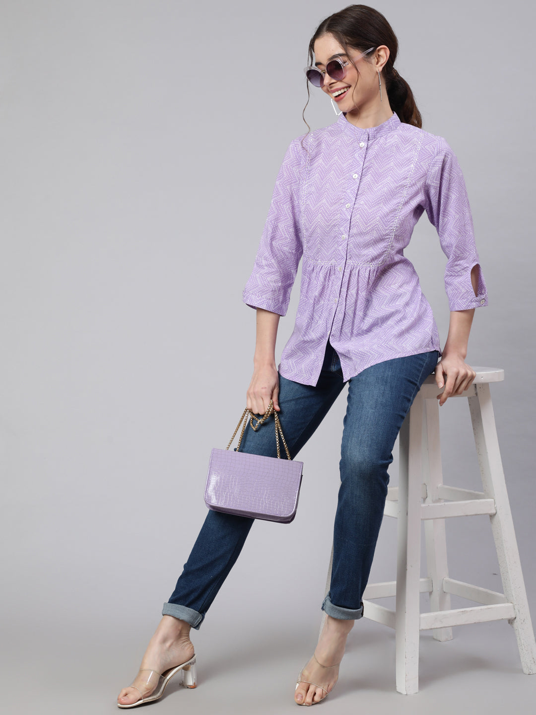 Women Lavender Zigzag Embroidered Printed Ethnic shirt