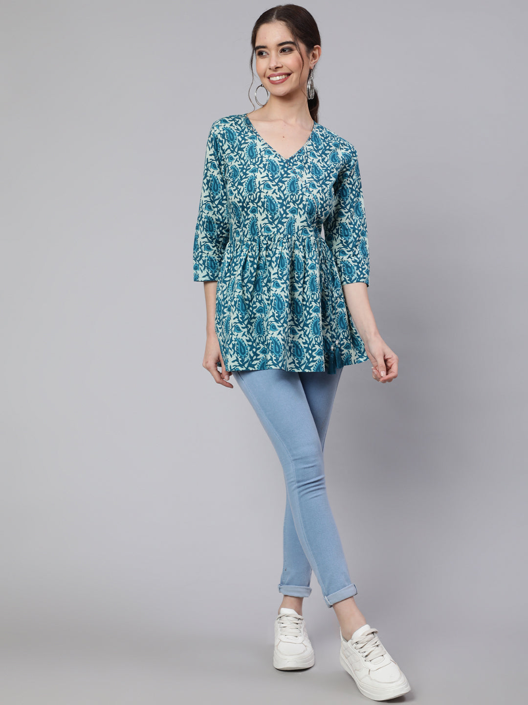 Women Turquoise Blue Hand Kantha Peplum Top