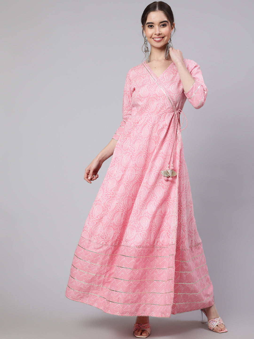 Women Pink Ethnic Printed Angrakha Style Kurta With Lace Detailing