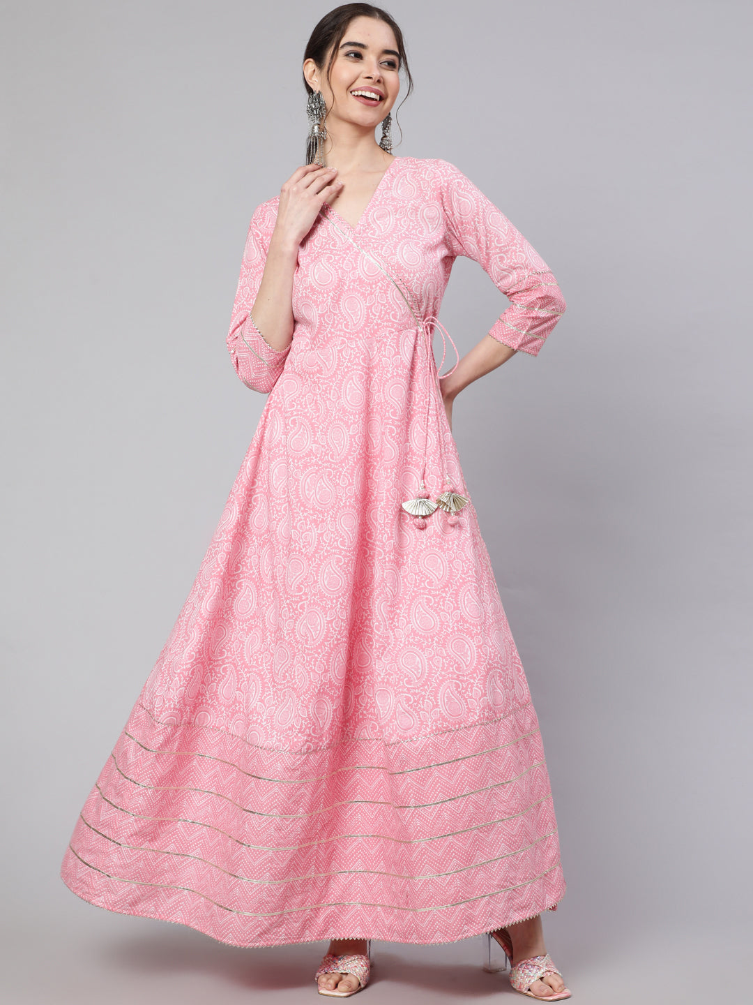Women Pink Ethnic Printed Angrakha Style Kurta With Lace Detailing