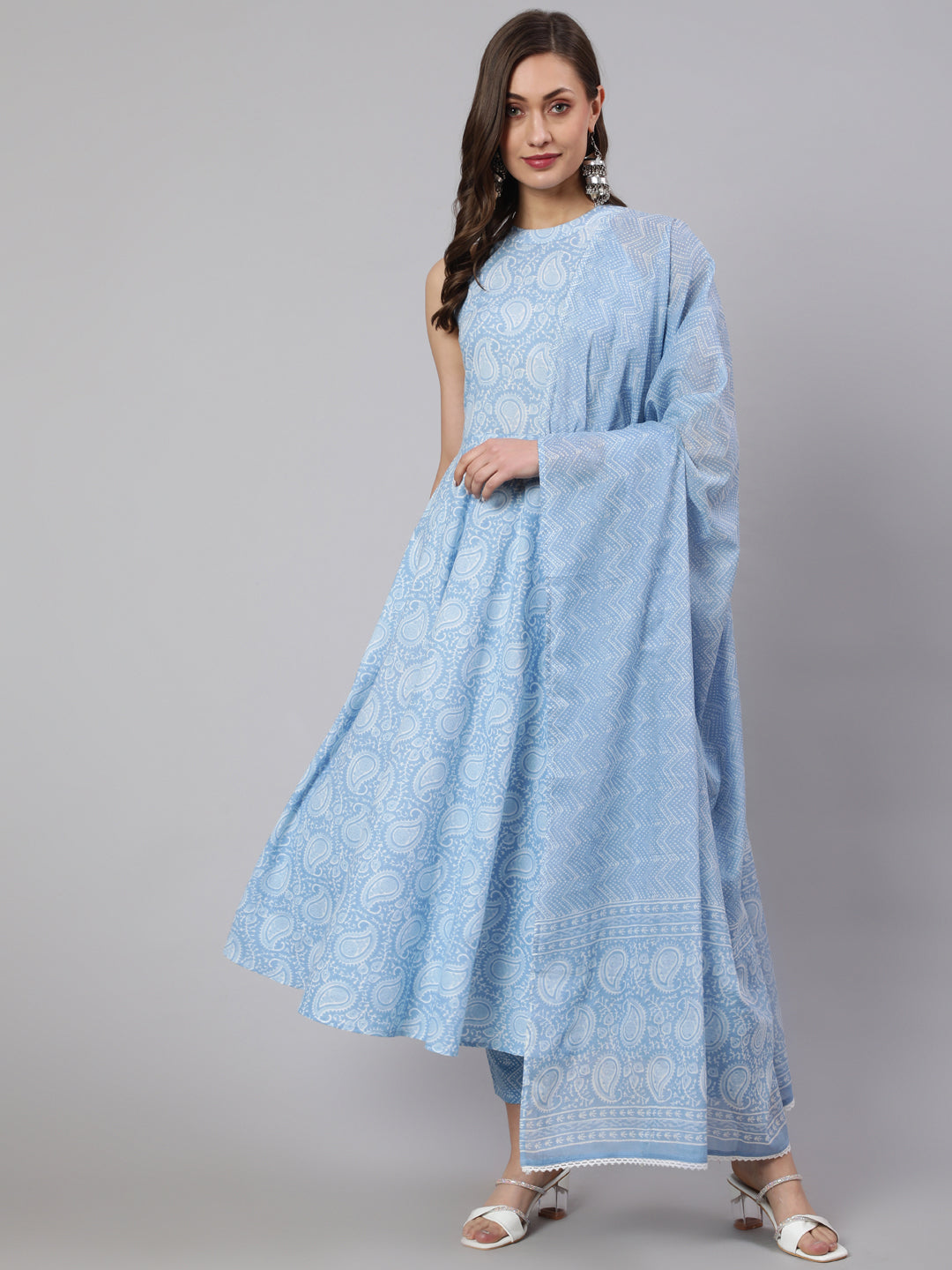 Women Blue Printed Halter Neck Fit & Flared Kurta With Printed Pant & Dupatta With Lace Taping