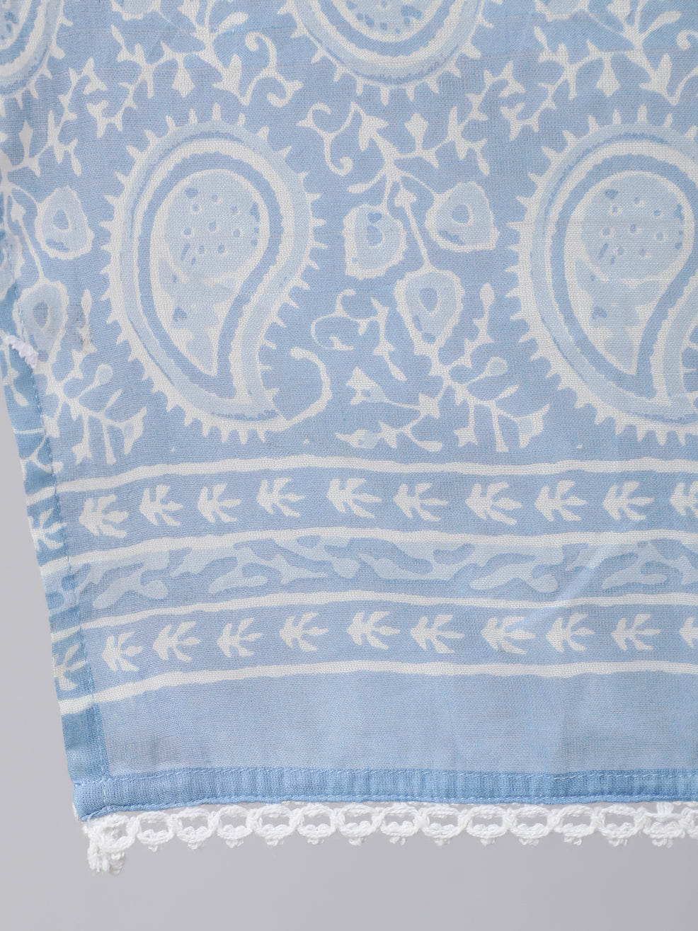 Women Blue Printed Halter Neck Fit & Flared Kurta With Printed Pant & Dupatta With Lace Taping