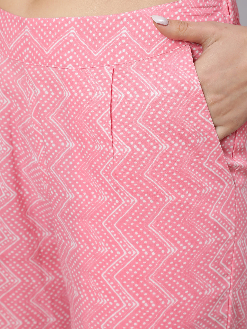 Women Pink Printed Halter Neck Fit & Flared Kurta With Printed Pant & Dupatta With Lace Taping