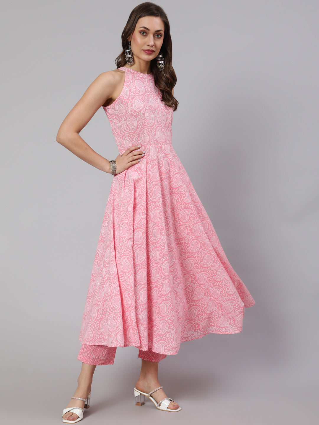 Women Pink Printed Halter Neck Fit & Flared Kurta With Printed Pant & Dupatta With Lace Taping