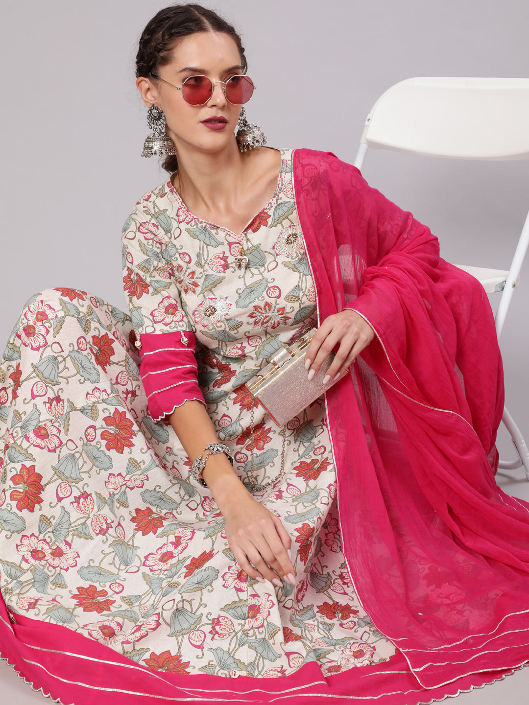 Pink Floral Printed Anarkali Kurta With Pants and Dupatta