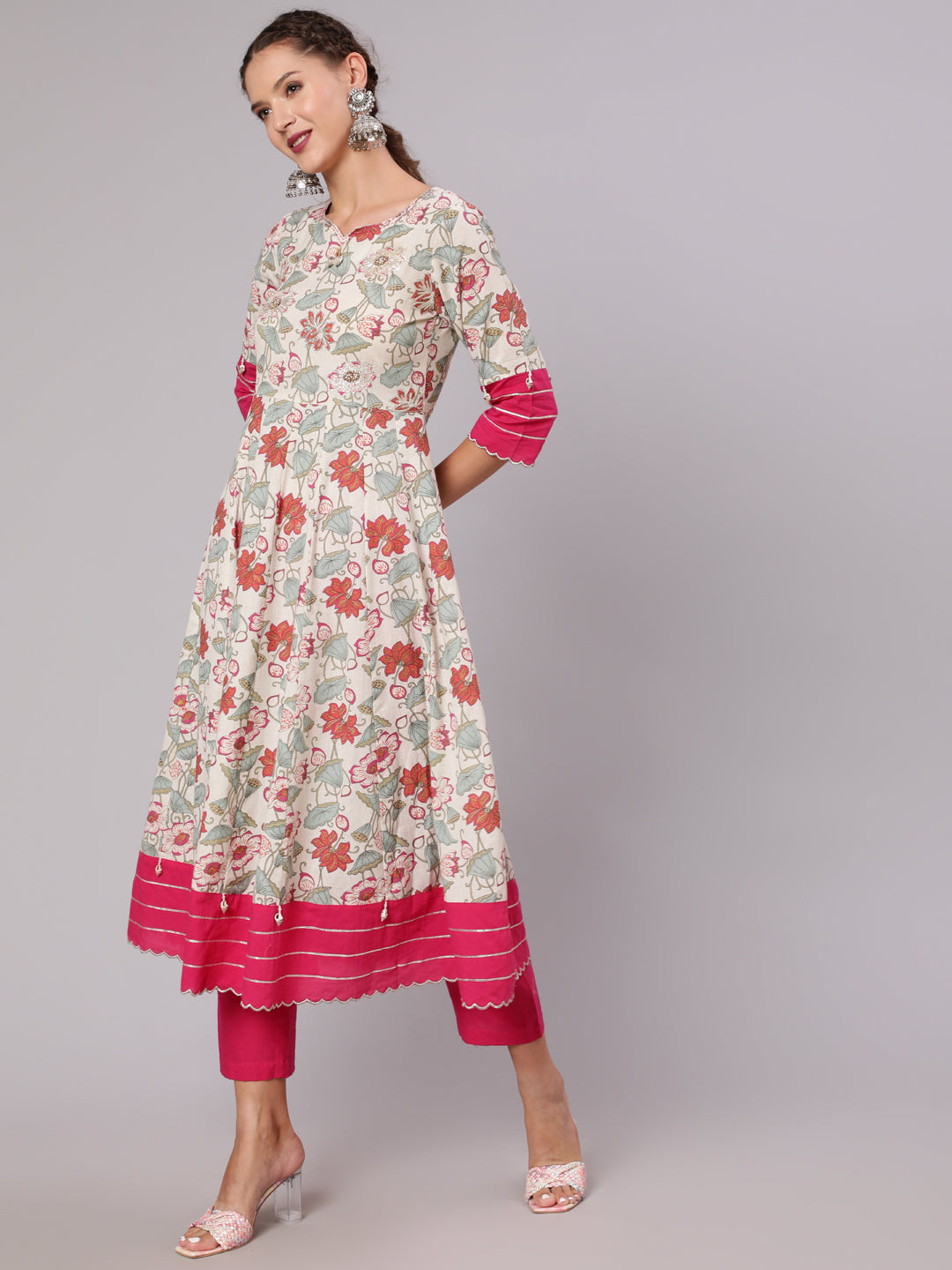 Embellished White And Pink Floral Printed Anarkali Kurta With Pants and Dupatta