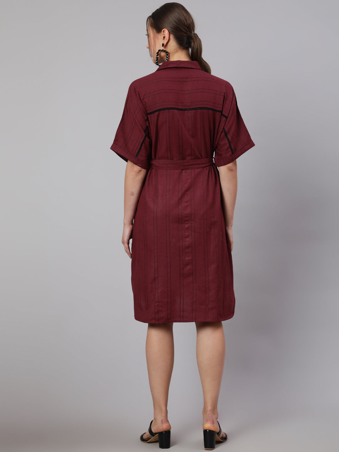 Women Maroon Self Weaved Shirt Collar Dress