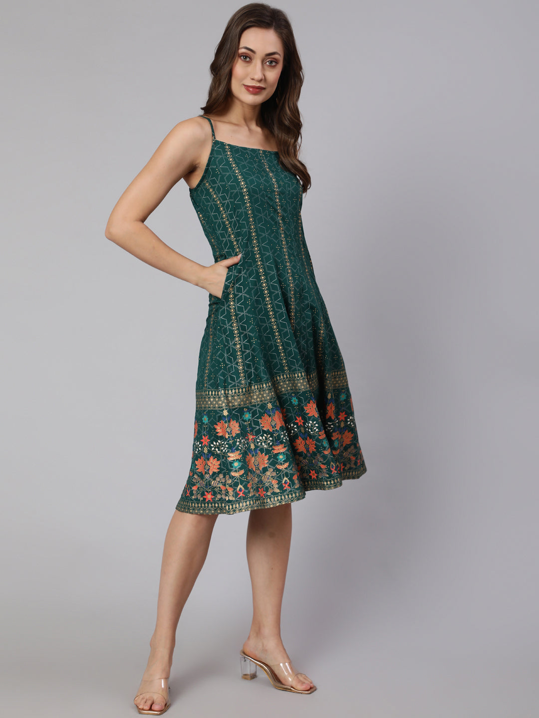 Green Printed Strappy Dress