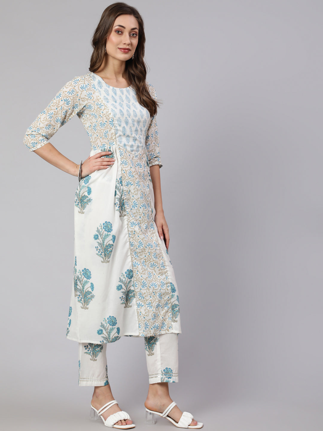 White & Turquoise Blue Ethnic Printed Flared Kurta With Pants & Dupatta