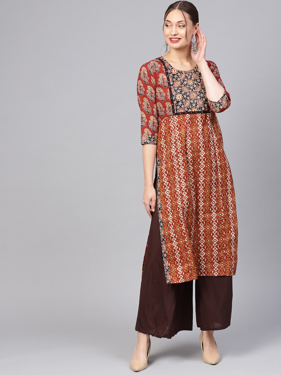 Brown and Beige Ethnic Motifs Straight Cotton Kurta