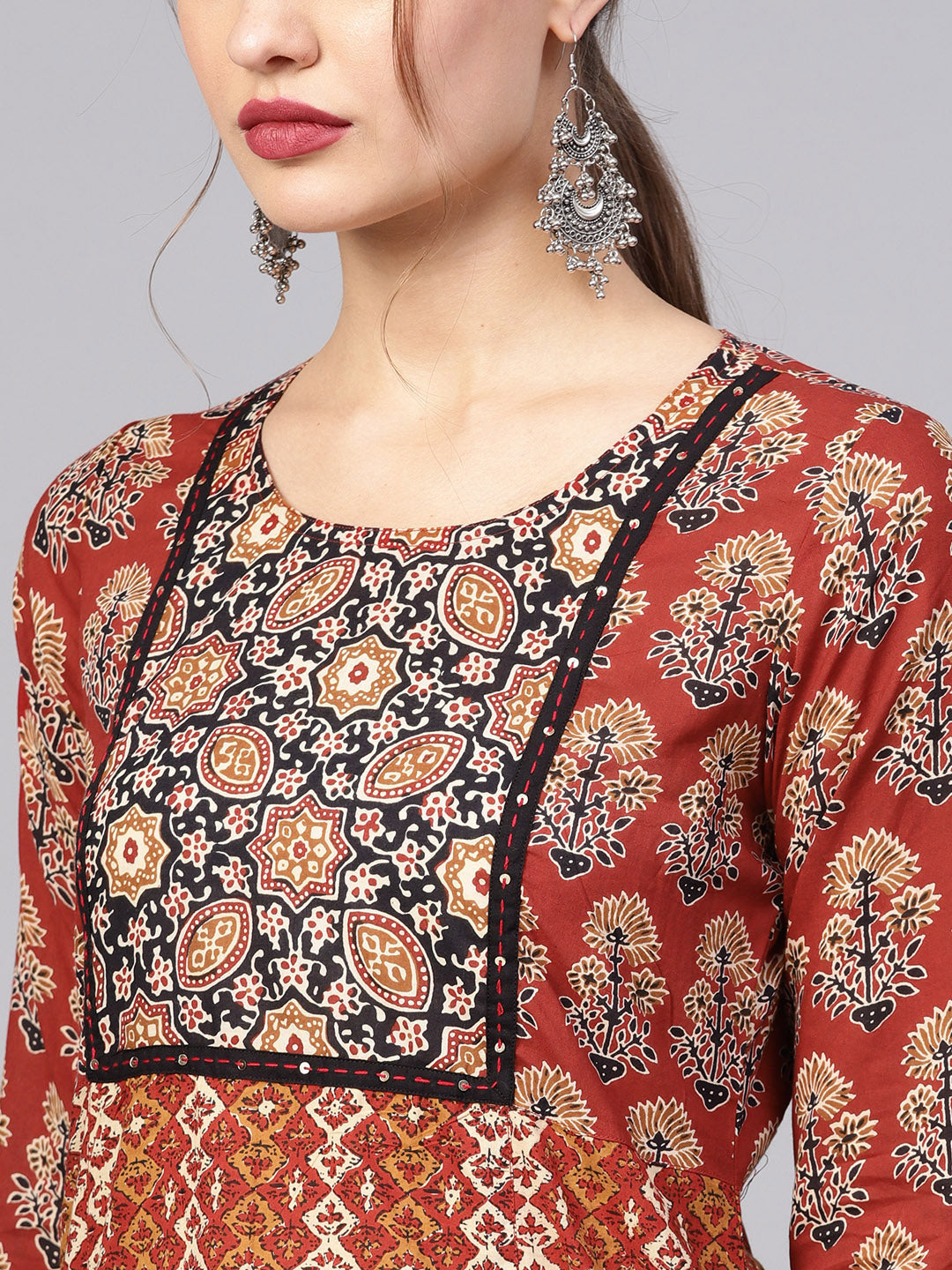 Brown and Beige Ethnic Motifs Straight Cotton Kurta
