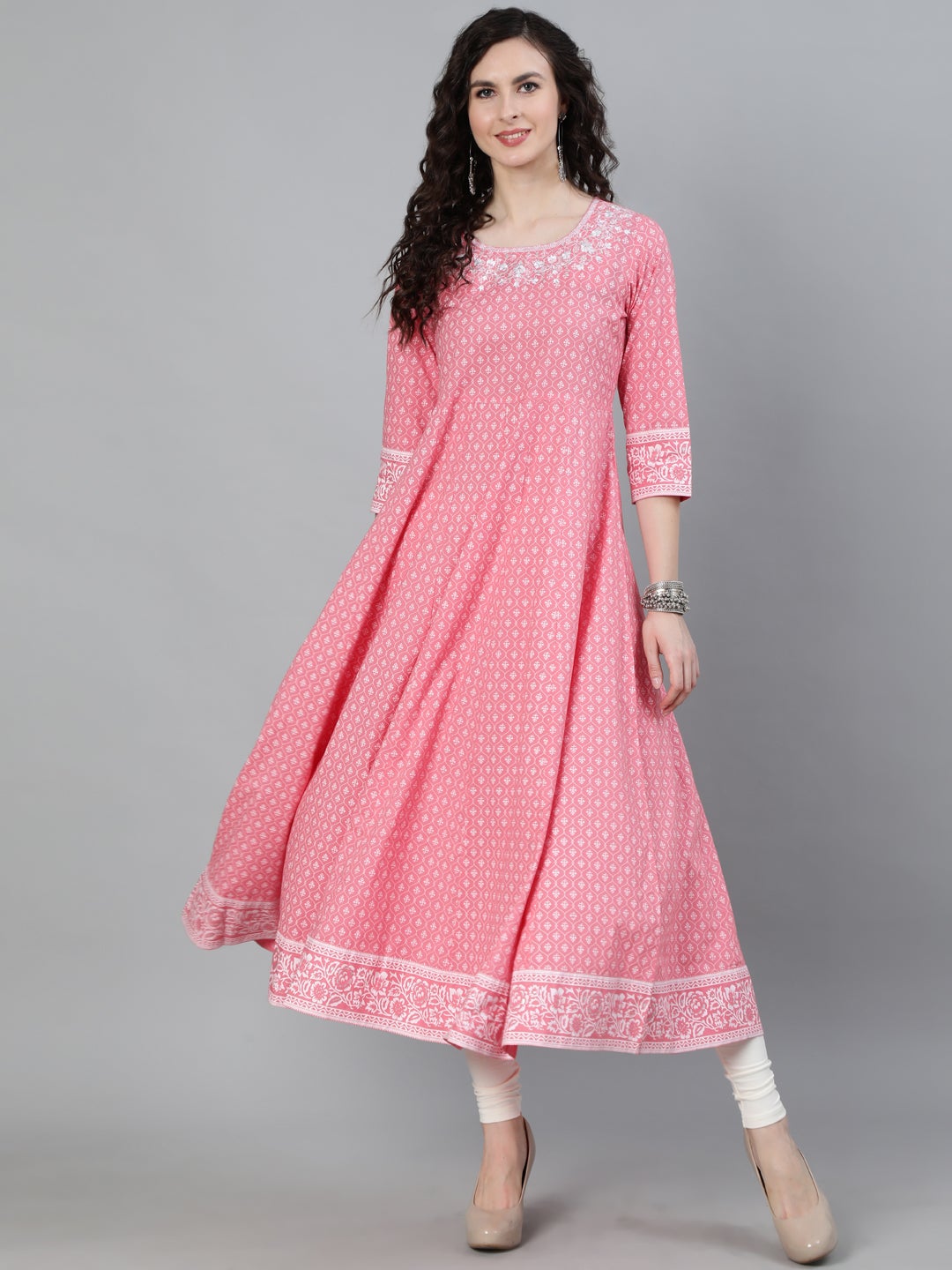 Pink Printed Anarkali with Embroidered Yoke