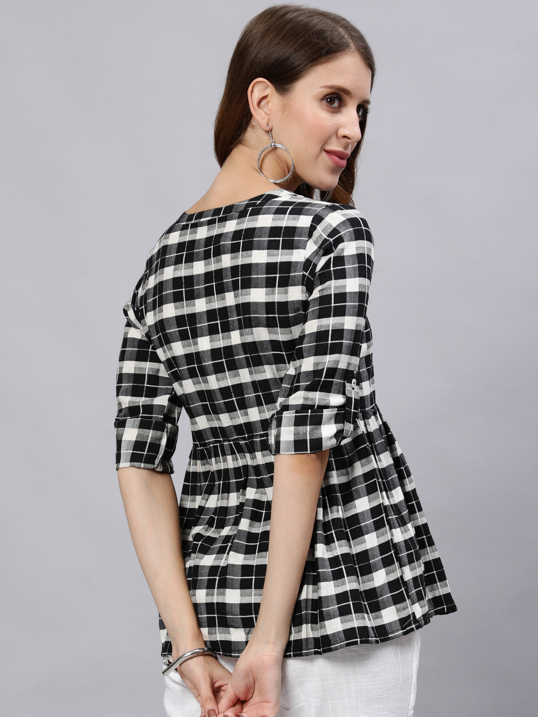 Black & White Checked Cotton Shirt With Gathered Detail