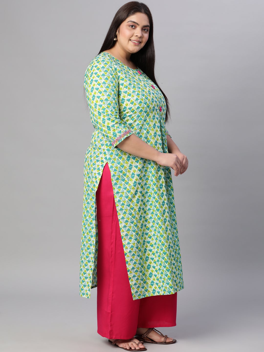 Green Cotton Geomatric Print Straight Fit Kurti