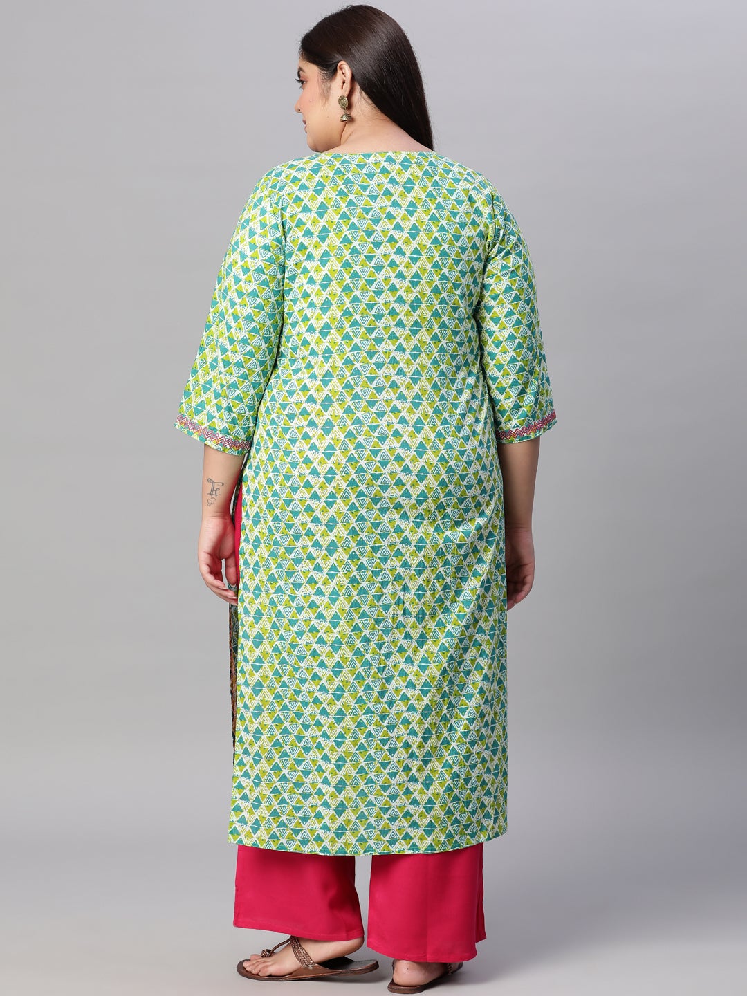 Green Cotton Geomatric Print Straight Fit Kurti