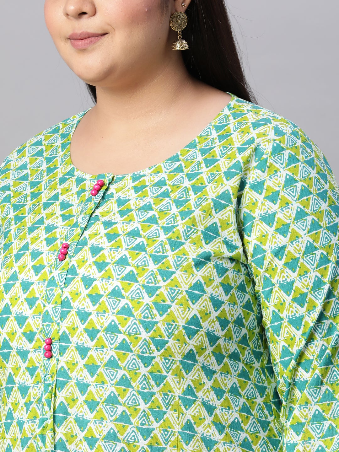 Green Cotton Geomatric Print Straight Fit Kurti