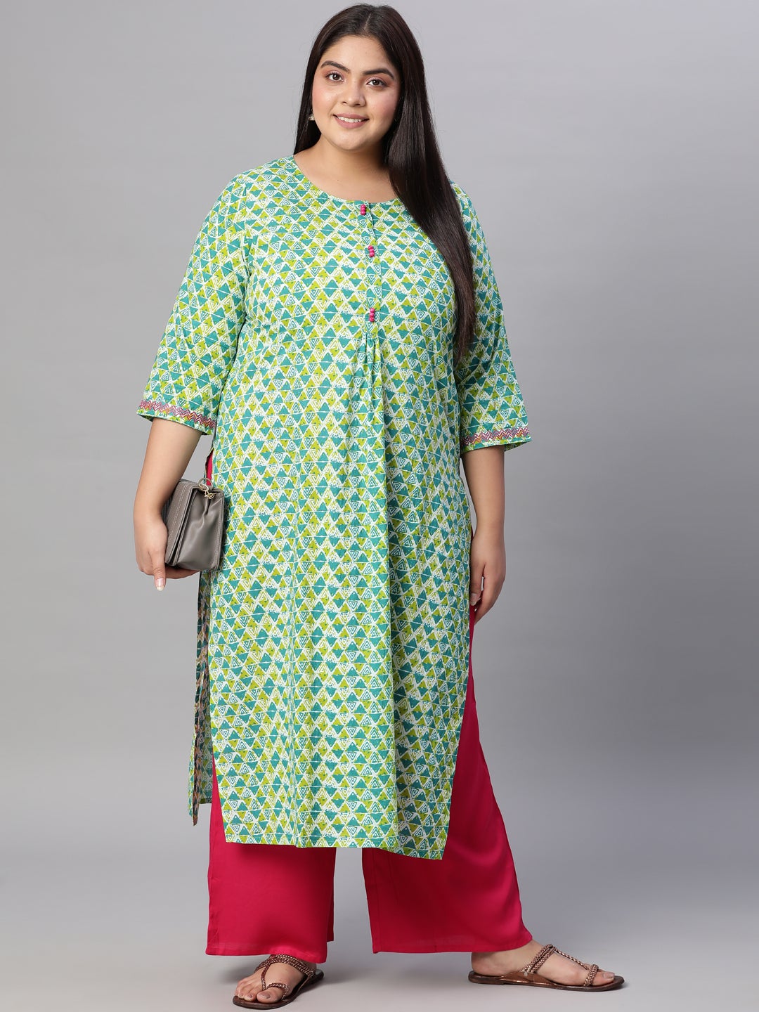 Green Cotton Geomatric Print Straight Fit Kurti