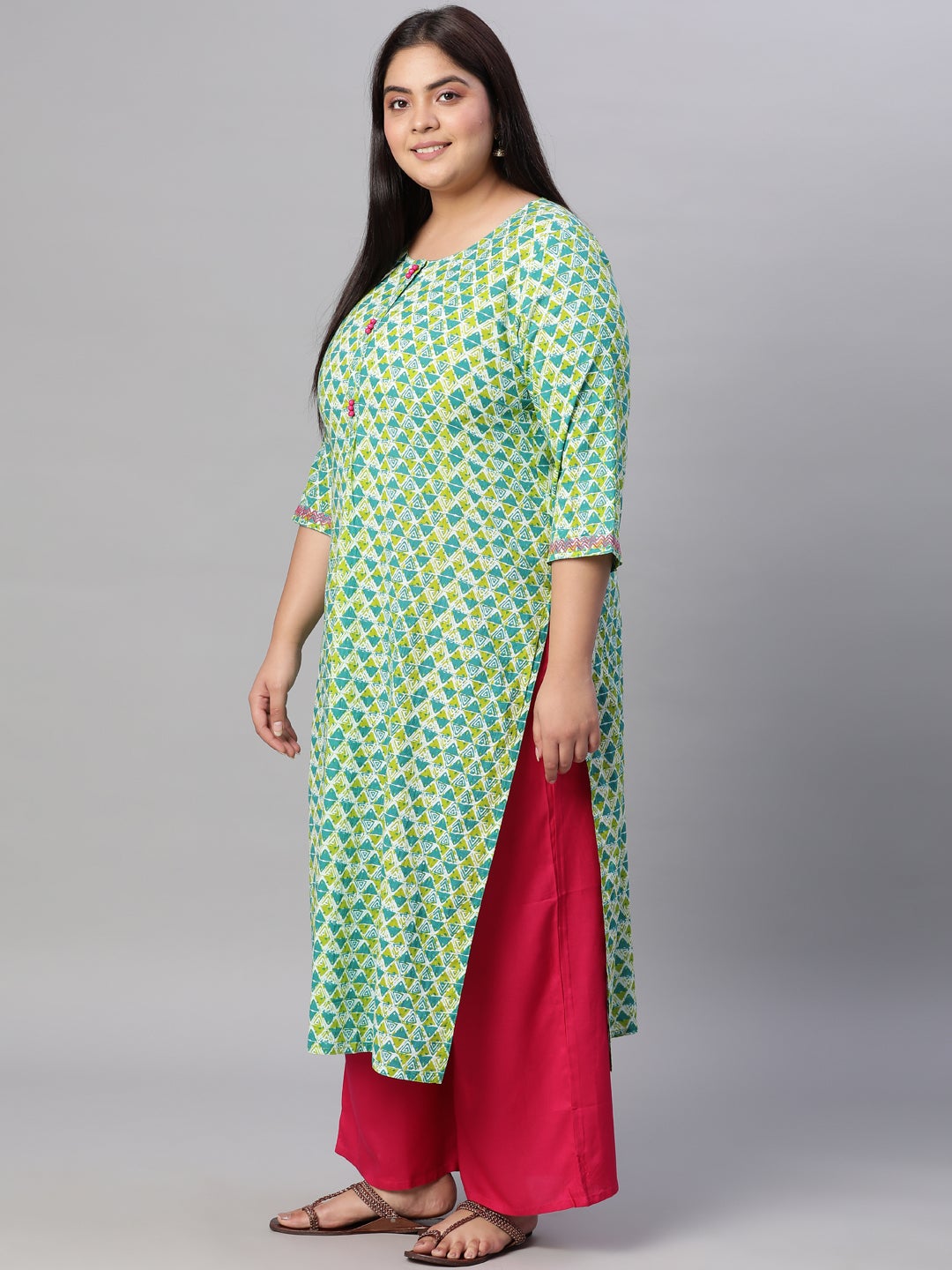 Green Cotton Geomatric Print Straight Fit Kurti