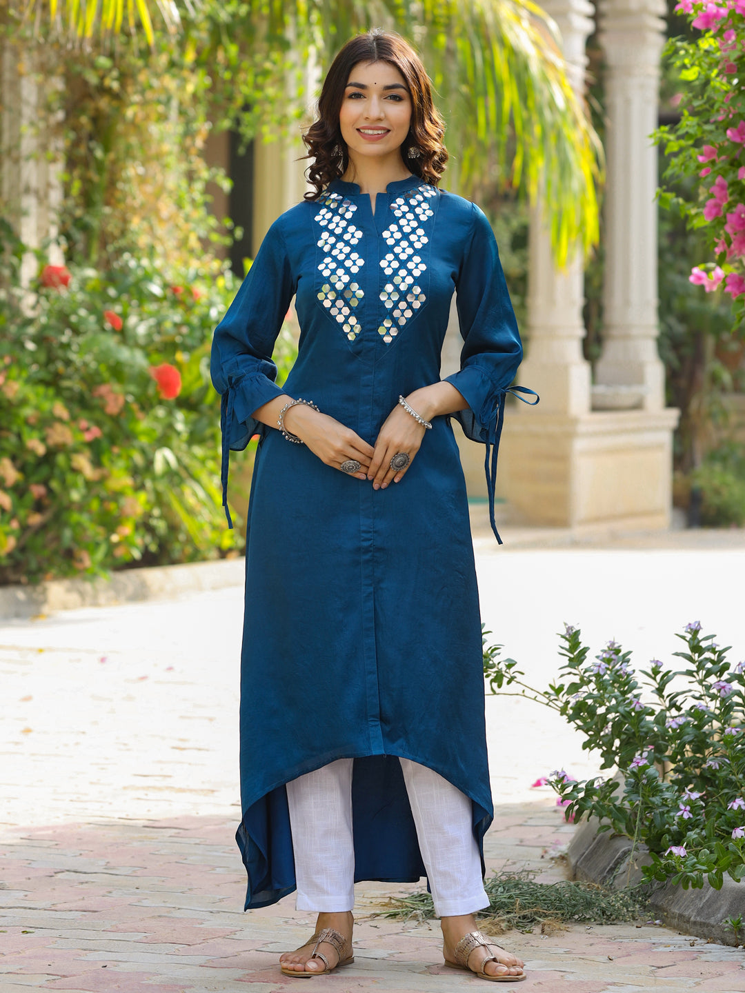 Teal A-Line High-Low Mirror Work Silk Kurta