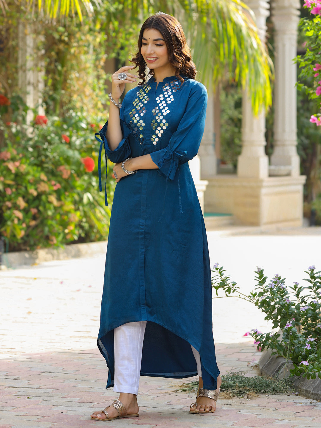Teal A-Line High-Low Mirror Work Silk Kurta